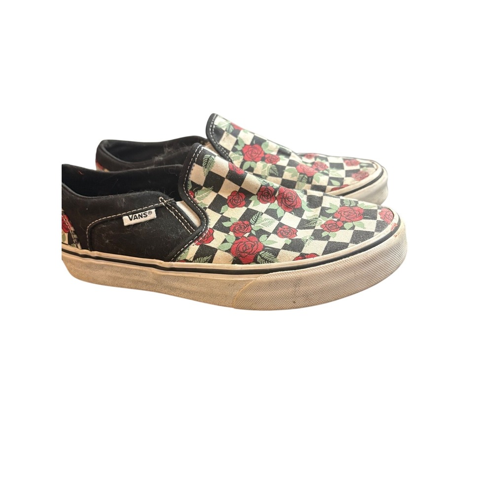 Vans Classic Slip-On Checkerboard Rose Floral Black White Red Shoes Womens 6.5